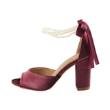 MQTIME  -  New High Heels Women's Thick Heel Sandals Versatile Ribbon Bow Pearl Belt Sandals.