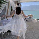 MQTIME  -  Seaside Holiday Chiffon Strap Dress 2024 New Beach Dress Fairy First Love Irregular Cake Dress Fairy Long Dress