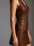MQTIME  -  Leisure Hollow Out Commute Dress Vintage PU Leather Sleeveless Slim Mini Dress Sexy V-neck Backless High Waist Party Short Dress
