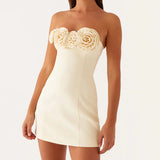MQTIME  -  Elegant Strapless Sleeveless Slim Fit Mini Dress Women Fashion Flower Dimensional Solid Party Dress Sexy Backless Wrap Hip Dress