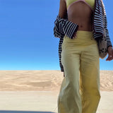 MQTIME  -  Casual Yellow Floral Wide Leg Pants For Women Trend Low Waist Flowy Loose Fit Trousers Spring Summer Vacation Streetwear