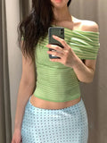 MQTIME  -  Green Striped Top Woman Chic Short Sleeve Off-shoulder Ribbed Knit Slim Fit Blouse  Casual Summer Street Holiday Shirts Y2k