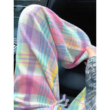 MQTIME  -  Colorful checkered wide leg pants for women in Spring and Autumn 2025, new Korean style casual high waisted loose floor pants