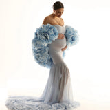 MQTIME  -  Light Blue Strethcy Long Women Maternity Dress For Photoshoots With Handmade Flower Jacekt 2 Pieces Long Women Robe Maxi Dress