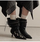  MQTIME  -  Autumn Winter Retro Soft Leather Weave Strap Women Ankle Boots Fashion Rivet Button High heels Slip-on Western Short Boots Shoes