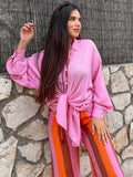  MQTIME  -  Color Vertical Stripe Women Wide Leg Pants Elastic Drawstring Waist Bead Pendant Lightweight Sheer Loose Full Length Casual Pant