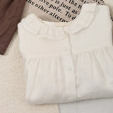 MQTIME  -  Girls' Cotton And Linen Doll Collar Cardigan White Shirt Spring New Bubble Sleeves Loose Cute Girl Long Sleeved Tops