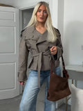 MQTIME  -  Women's Brown White Houndstooth Short Trench Coat Belted Waist Wide Lapels Full Sleeve Jacket 2025 Autumn Lady Stylish Outerwear