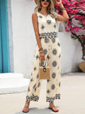 MQTIME  -  Print Top Pants Women Set O-neck Sleeveless Loose Tops Wide Leg Trousers Female Chic Sets Summer Vacation Casual Lady Suit