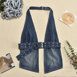 MQTIME  -  Sexy Blue Denim Short Halter Vests Women Chic Sleeveless Backless Off Shoulder Hollow Out Tops 2025 Summer Night Club Party Wear