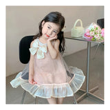 MQTIME  -  Girls' Summer Dress Bow Sequin Mesh Children's Sleeveless Princess Dress Summer Kid's Clothing