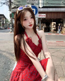 MQTIME  -  Woman Dresses Floral Printed Sleeveless Halter Irregular Ruffles Bow Bandage Backless Sexy Mini Dress Sweet Elegant Party
