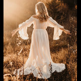 MQTIME  -  Boho Pregnant Dress Comfortable Linen Cotton One Shoulder Lace Long Sleeved Dress Photography Dress For Women