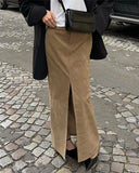 MQTIME  -  Fall Winter Vintage Suede Skirt New Women's Split Brown Long Skirts High Street Office Lady Elegant High Waist Slim Dress