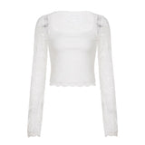  MQTIME  -  Y2k Autumn Square Collar Long Sleeve Solid Slim Sexy Patchwork Basic Women's T-shirts