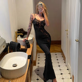 MQTIME  -  Lace Patchwork Bodycon Camisole Maxi Dress Women Fashion Spaghetti Straps Backless Slim Birthday Party Long Robe Evening Gown