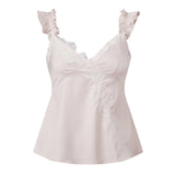 MQTIME  -  Womens Summer Ruffle Straps Camisoles Floral Lace Trim Patchwork Satin Silk Vest Backless Babydoll V-Neck Shirt Tops