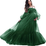 MQTIME  -  Puffy Sleeve Maternity Dress Tulle Robe With Underskirt for Photoshoot Off Shoulder Pregnancy Baby Shower Gown