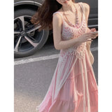 MQTIME  -  Two-piece Suit Women's Pink Gentle Suspender Dress Women's Summer New Vacation Style Seaside Fringed Blouse