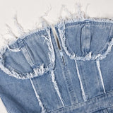 MQTIME  - Women Fashion Hole Tassel Denim Playsuits Rompers V-neck Strapless Zipper Backless Pockets Casual Streetwear Jeans Overalls