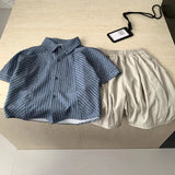 MQTIME  -  Boys' Suit Spring and Summer New Childrens Wear Korean Boy Baby Striped Short-sleeved Lapel Shirt Loose Shorts Two Sets