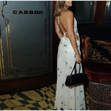  MQTIME  -  Elegant Elegant Butterfly Print  Sleeveless Long Dress Women Halter Backless Lace Up Slim A-line Dresses New Lady Party Robes