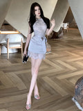 MQTIME  -  Ladies design sense lace off shoulder dress 2025 New French sexy style high waist slim irregular neck vest Dress