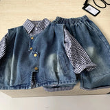  MQTIME  -  Set Spring/summer New Childrens Clothing Korean Style Boys and Girls Fashion Check Shirt Denim Vest Pants Three-piece Set