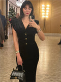 MQTIME  -  V-Neck Velvet Long Dresses Pleated Sexy Wide Shoulder Strap Waist Cinching Slim Fit Sleeveless Robes Gold Button Trend Dress
