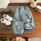 MQTIME  -  Infant Baby Girl Spring Jeans Cotton Bear Embroidery Loose Children Girl Lantern Pants Elastic Waist 1-6Y Girls Denim Pants