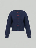  MQTIME  -  Hot Korean Love Button Casual Knit Top Jacket Soft Navy Warm Sweater Simple Long Sleeve Womens Coat All Match Fashion Blouse