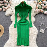MQTIME  -  Fall/Winter 2025 Women's Sexy High Neck Long Sleeve Midi Fit Hip Knitted Dress