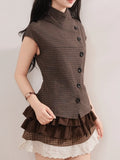  MQTIME  -  Vintage Preppy Stand Neck Short Sleeve Single Breasted Plaid Y2k Women Shirt