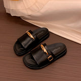 MQTIME  -  Women's Black PU Flat Sandals Comfortable Summer Beach Shoes Casual Euro-American Style Metal Buckle