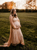 MQTIME  -  Elegant Sequin Maternity Dress Photoshoot Beige Long Sleeve V Neck Pregnancy Gown Vintage Maternity Photography Glitter Dresses