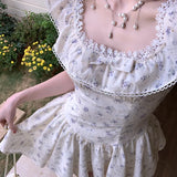 MQTIME  -  New Fairy French Lace Edge Square Collar Sleeveless Dress Y2k Sweet Korean Print Slim Waist Clothes Summer Preppy Style Dress