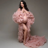 MQTIME  -  Fashionable Pink Maternity Dress for Photo Sexy Ruffled Full Sleeves Babyshower Gowns Long Pleats Slit Women Photography Props