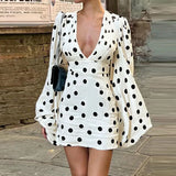 MQTIME  -  Summer Sexy Deep V Neck Hollow Dresses Fashion Polka Dot Print Slim Evening Dress Women Spring Long Sleeve High Waist Mini Dress