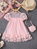 MQTIME  -  Girls Summer Mesh Splicing Three-dimensional Flower Fashion Princess Dress with Crossbody Bag Dress