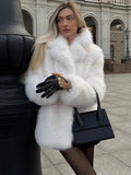 Mqtime Female Cropped White Faux Fur Jacket Winter Fluffy Long Sleeve Lapel Collar Loose Warm Overcoats Lady Elegant High Street Coat