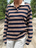 MQTIME  -  Women s Striped Long Sleeve T-shirt with Turn-down Collar Perfect for Casual Daily Wear in the Fall Season Streetwear Style