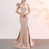 MQTIME  -  Women One Shoulder Evening Dress Solid Color Summer Ruffles Maxi Dresses Sexy Slash Neck Party Long Dress Elegant Streetwear