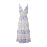 MQTIME  -  Women's Boho Floral Smocked Maxi Dress Y2k Patchwork Lace Layered Long Beachwear Dresses Casual Flowy Summer Sundress