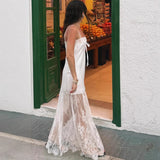 MQTIME  -  Elegant White Off Shoulder Slim Maxi Dress Women Sexy Mesh Patchwork Slim Long Dresses Summer Fashion Street Style Lady Vestidos