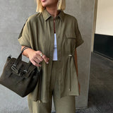 MQTIME  -  Summer Elegant Button Wide Leg Suit Casual Short Sleeve Shirt & Long Pant Outfits Women Fashion Lapel Solid Loose 2Pc Sets