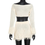 ﻿ MQTIME  -  Fall Women Sexy Tassel Patchwork Solid Knitted 2 Piece Set Off Shoulder Long Sleeve Crop Tops + Bodycon Mini Skirts Suits