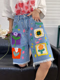 MQTIME  -   Knitted Floral Denim Short Pants Female Summer New Loose Casual Pants Tassel Design Vintage Fashion Short Para Mujeres
