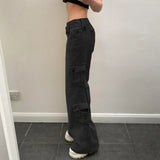 MQTIME  -  Cargo Jeans Women Street Retro Straight Casual Trousers Irregular Multi-pocket Wide Belt Design Jeans