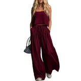 MQTIME  -  Spring and Summer Women's Solid Color Casual Cotton and Linen Suspender Top Wide Leg Pants Set