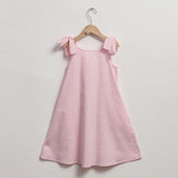 MQTIME  -  Girls Linen Adjustable Ribbon Dress Summer New Children's Casual Loose Cotton And Linen Lovely Pink Dresses With Pockets TZ273